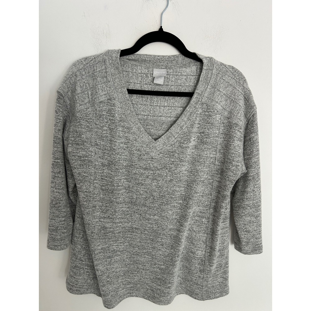 Chicos Zenergy Gray Heathered V-Neck 3/4 Sleeve Knit‎ Top Size 0 S 4/6